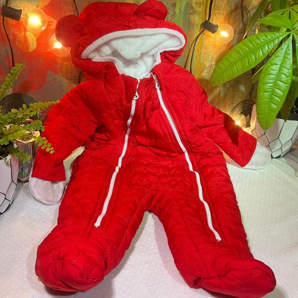 Baby Snow Suit 3M - 6M Fleece Lining Hoodie Quited Water Resistant, Red